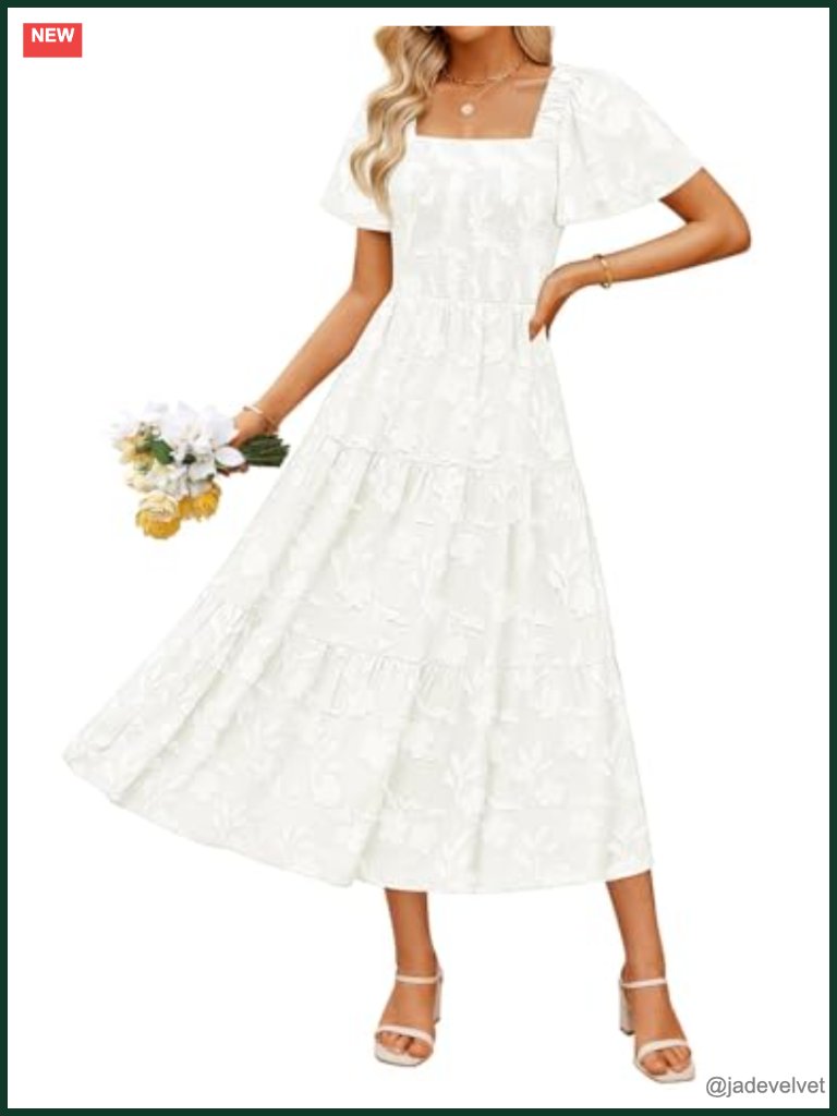 Boho Floral Midi Dress Square Neck Flowy A-Line Summer Wedding Guest Beach